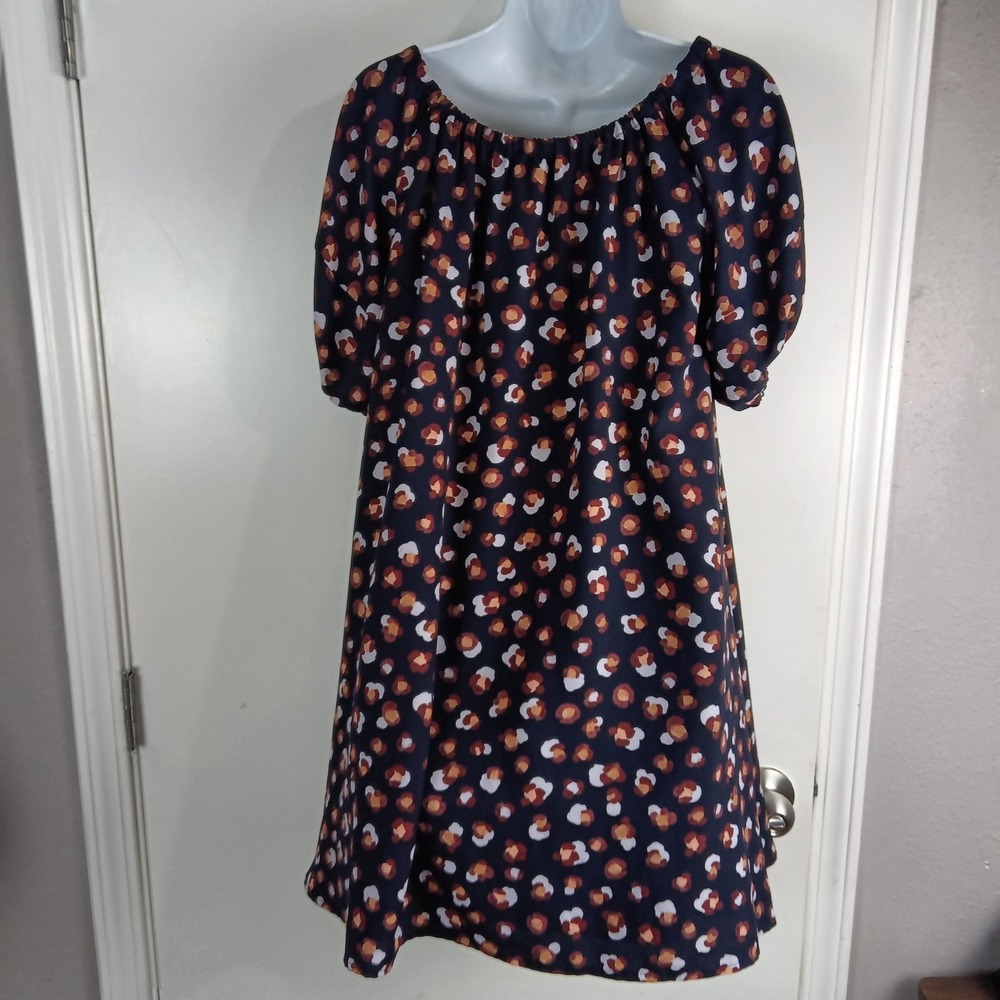 Ann Taylor Dress Womens XS Navy Blue Abstract Dot Puff Sleeve Lined Peasant - Picture 9 of 11
